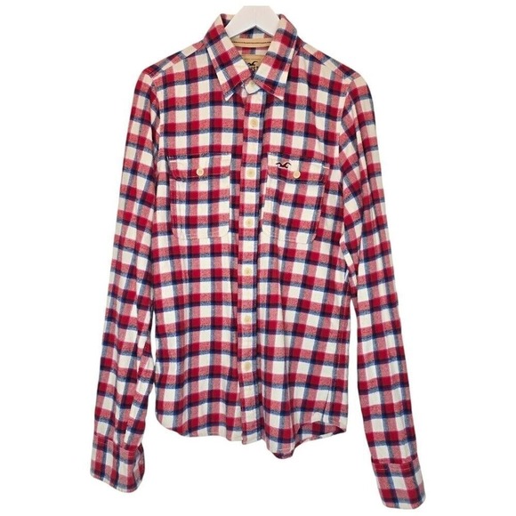 HOLLISTER Flannel Long Sleeve Button Up Shirt Red Blue Plaid Men Medium Western - Picture 2 of 15